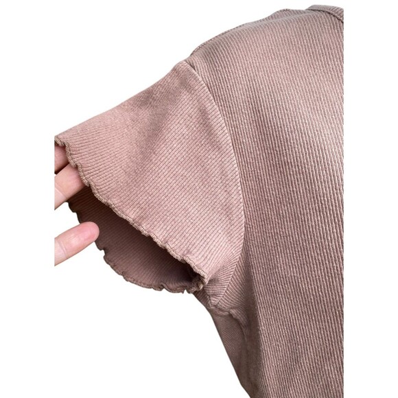 Light Brown Cropped Baby Tee Lettuce Trim Rhinestone Babe Size L Ribbed Y2K - Picture 4 of 12